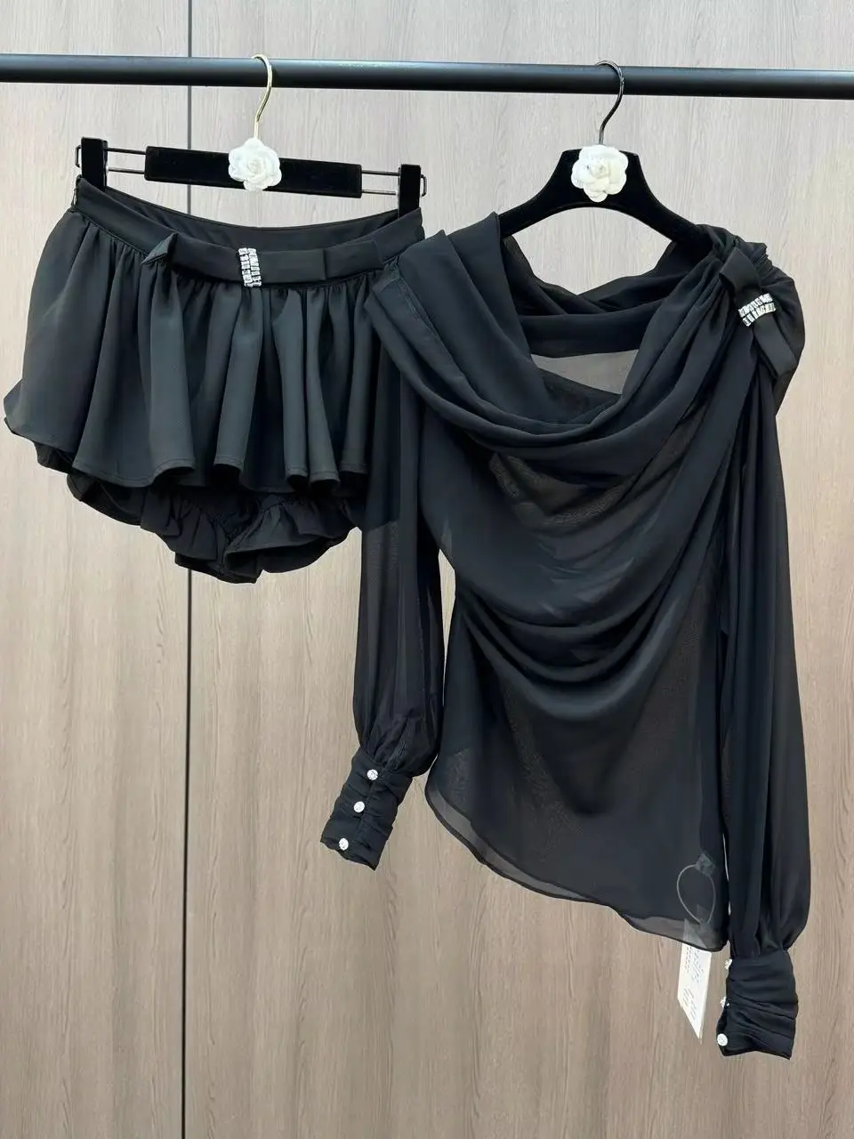 

Сексуальные топы со складками и оборками, юбки из двух предметов, женские комплекты с длинными рукавами, прозрачная вечеринка, ночной клуб, наряд для празднования дня рождения