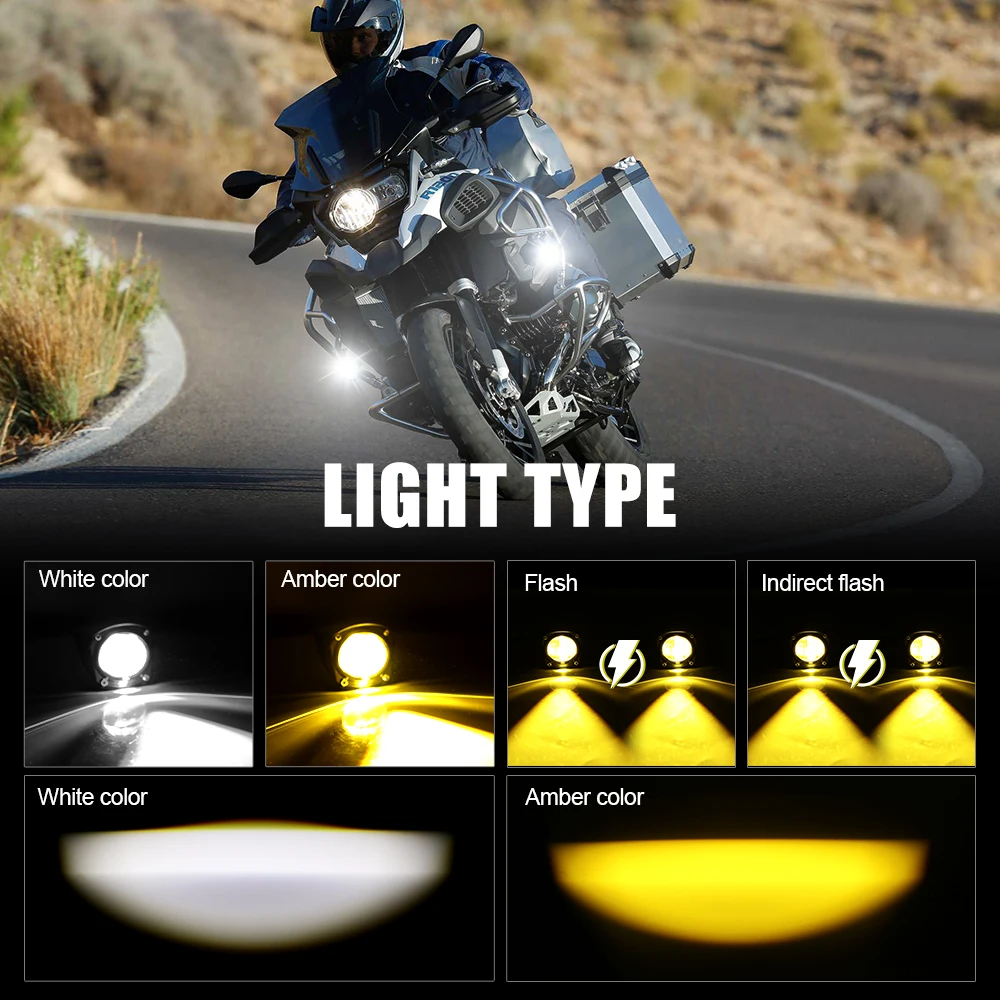 Universal Motorcycle LED Fog Lights,White&Amber Color Auxiliary Driving Light for BMW F800GS R1200GS R1250GS YAMAHA MT 07 09