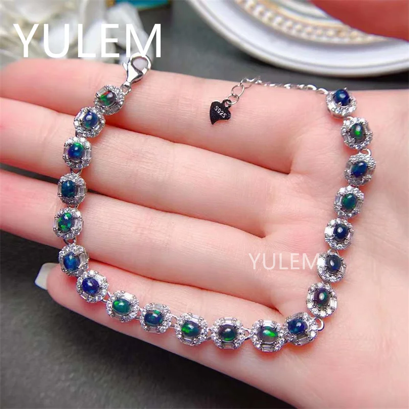 YULEM 925 Sterling Silver Natural Black Opal Bracelet Colorful Stone Bracelet Women's Fine Wedding Jewelry 4*3mm 20 Pieces