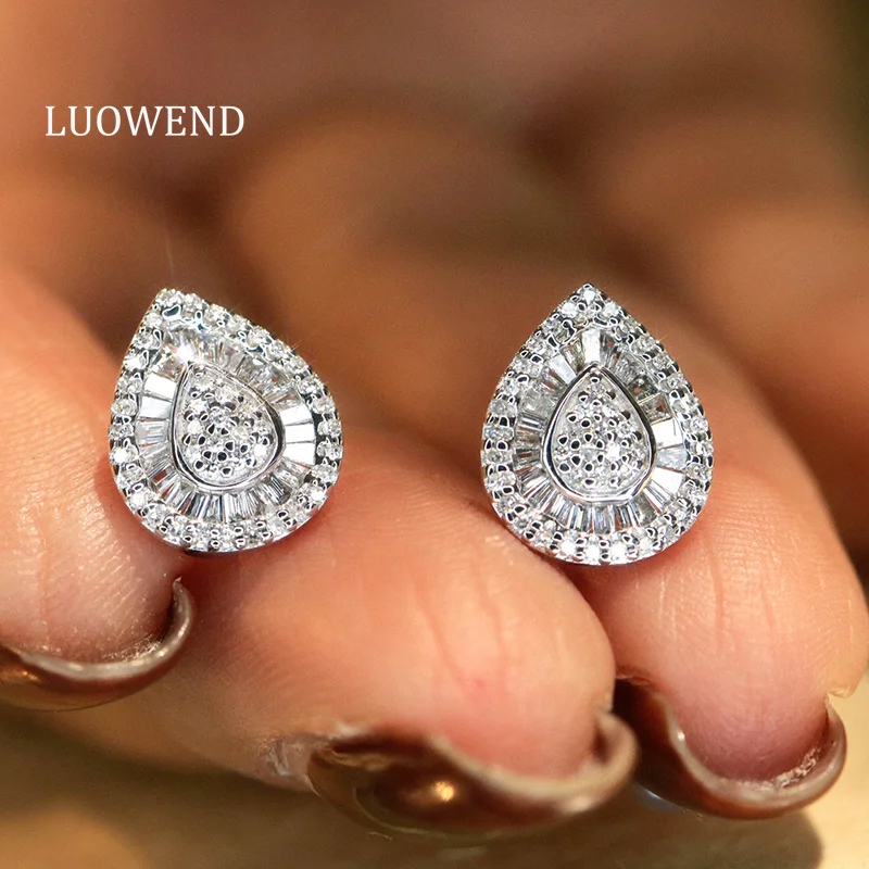 

LUOWEND 100% 18K White Gold Earrings Elegant Water Drop Shape Real Natural Diamond Stud Earrings for Women Birthday Gift