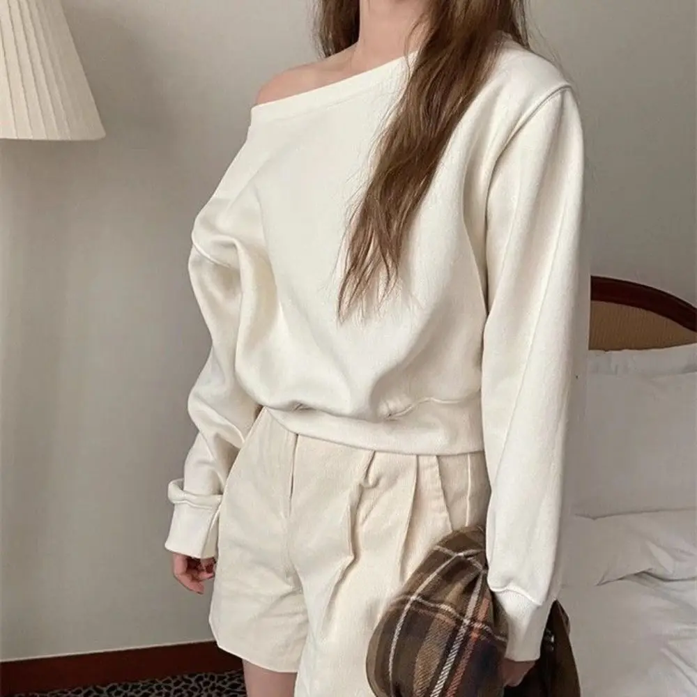 

Korean Style Retro Long Sleeve T Shirt Solid Color Casual Off Shoulder Blouse Stylish Loose Sweatshirts for Women Spring