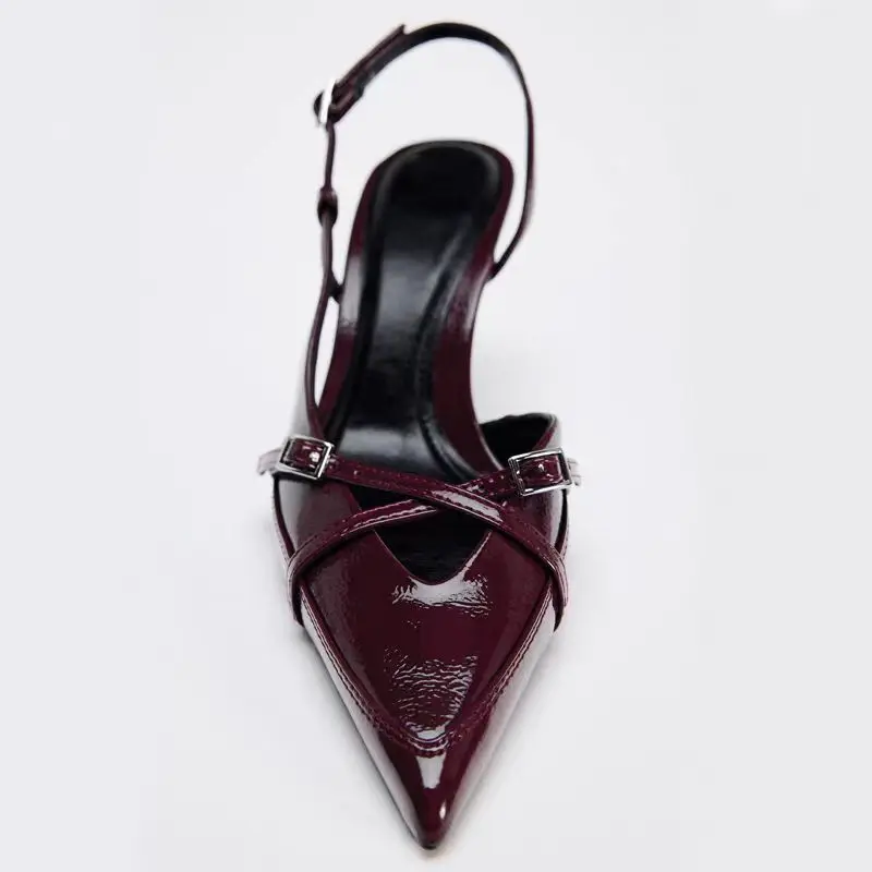 TRAF Woman Red Leather Fashion Sandals Sexy Pointed Toe  Buckle Strap High Heel Pumps 2025 Autumn Elegant Slingback High Heels