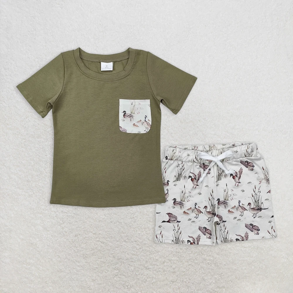 

Baby Boys Green Mallard Duck Themed Short Sleeve Top with Duck Pocket Matching Shorts - Hunting Outfit Set for Kids