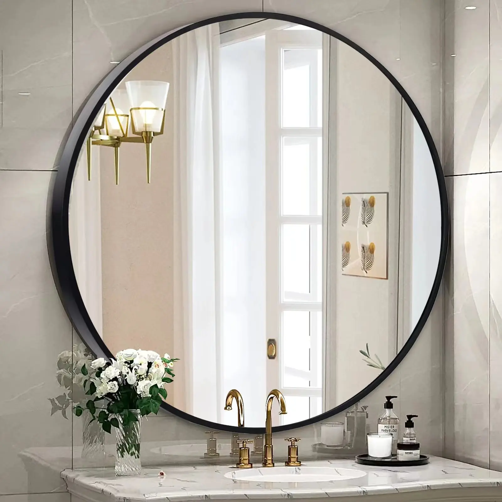 

Small Round Bathroom Mirror with Brushed Aluminum Frame, Modern Metal Rim Mirror for Bathroom Vanity, Powder Room, Entryway