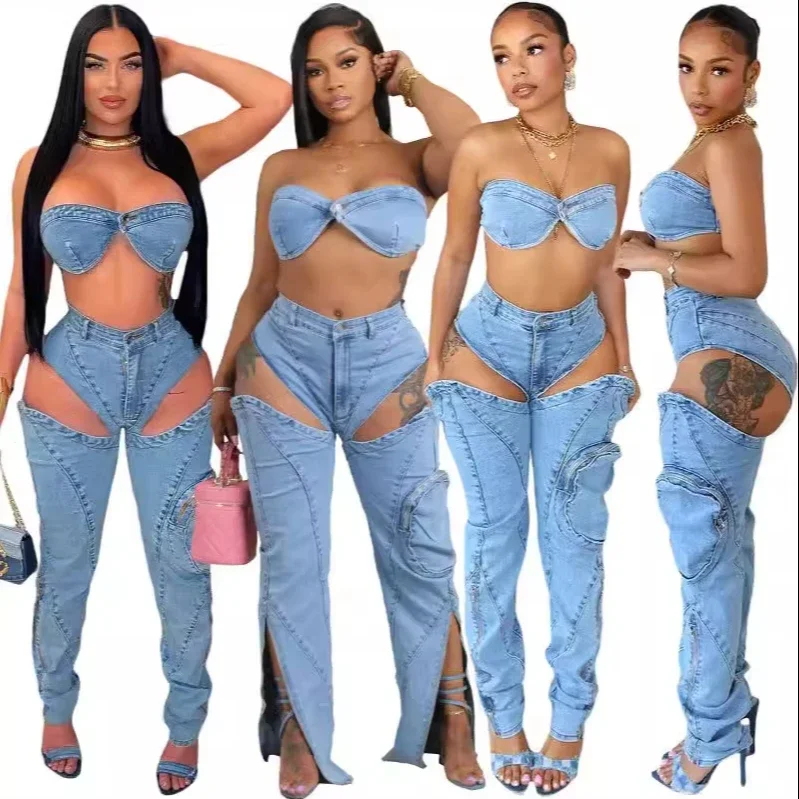 Casual sexy stretch denim two pieces legging pants set with denim tube top and denim jeans pants