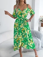 Vestido de playa bohemio de verano para mujer: traje de vacaciones midi con estampado floral y manga corta con cuello en V y hombros descubiertos