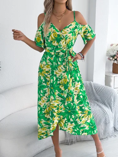 Vestido de playa bohemio de verano para mujer: traje de vacaciones midi con estampado floral y manga corta con cuello en V y hombros descubiertos
