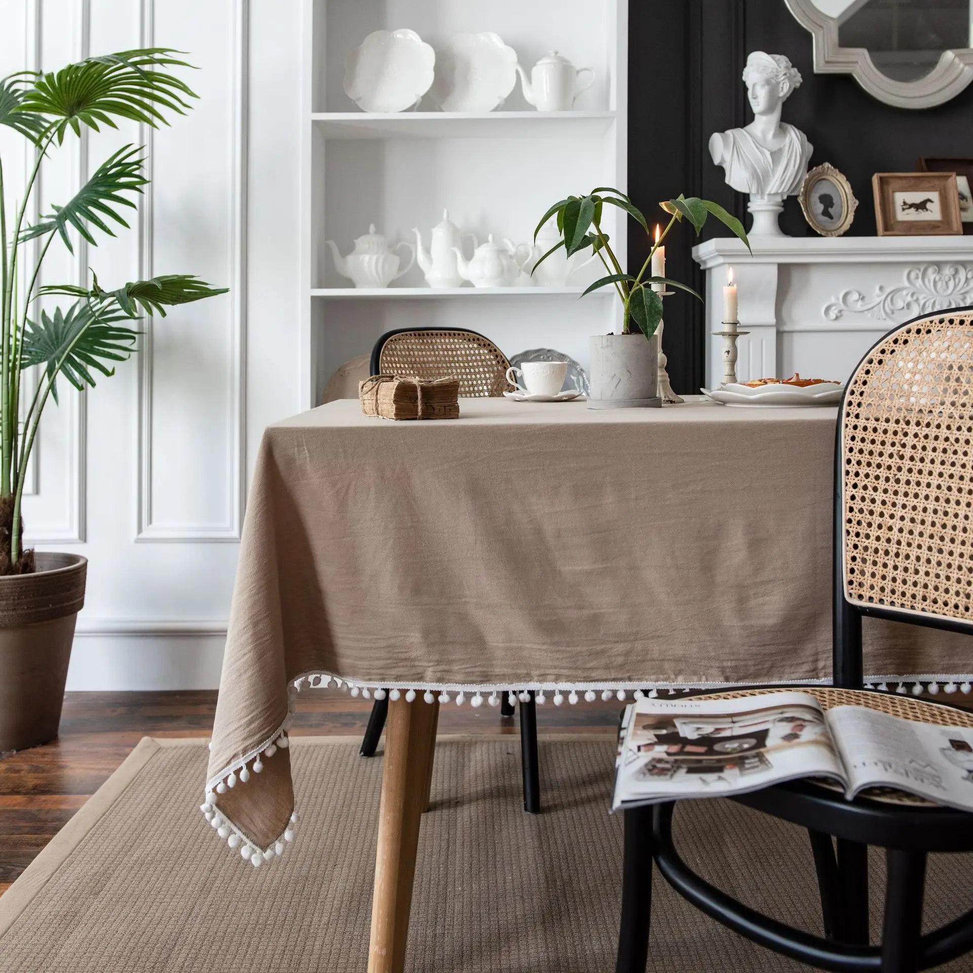 100% Cotton Tablecloths Fabric Tassel Tablecloth Dust-Proof Table Cover for Kitchen Dinning Tabletop Home Wedding Decoration