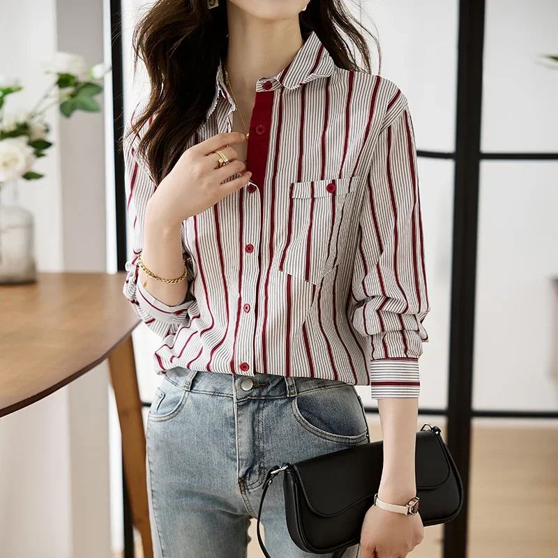 Shirts for Women New Slim Women\'s Clothing Fashion Polo-Neck Striped Womens Tops Long Sleeved Blouse Women OL Autumn Women Shirt