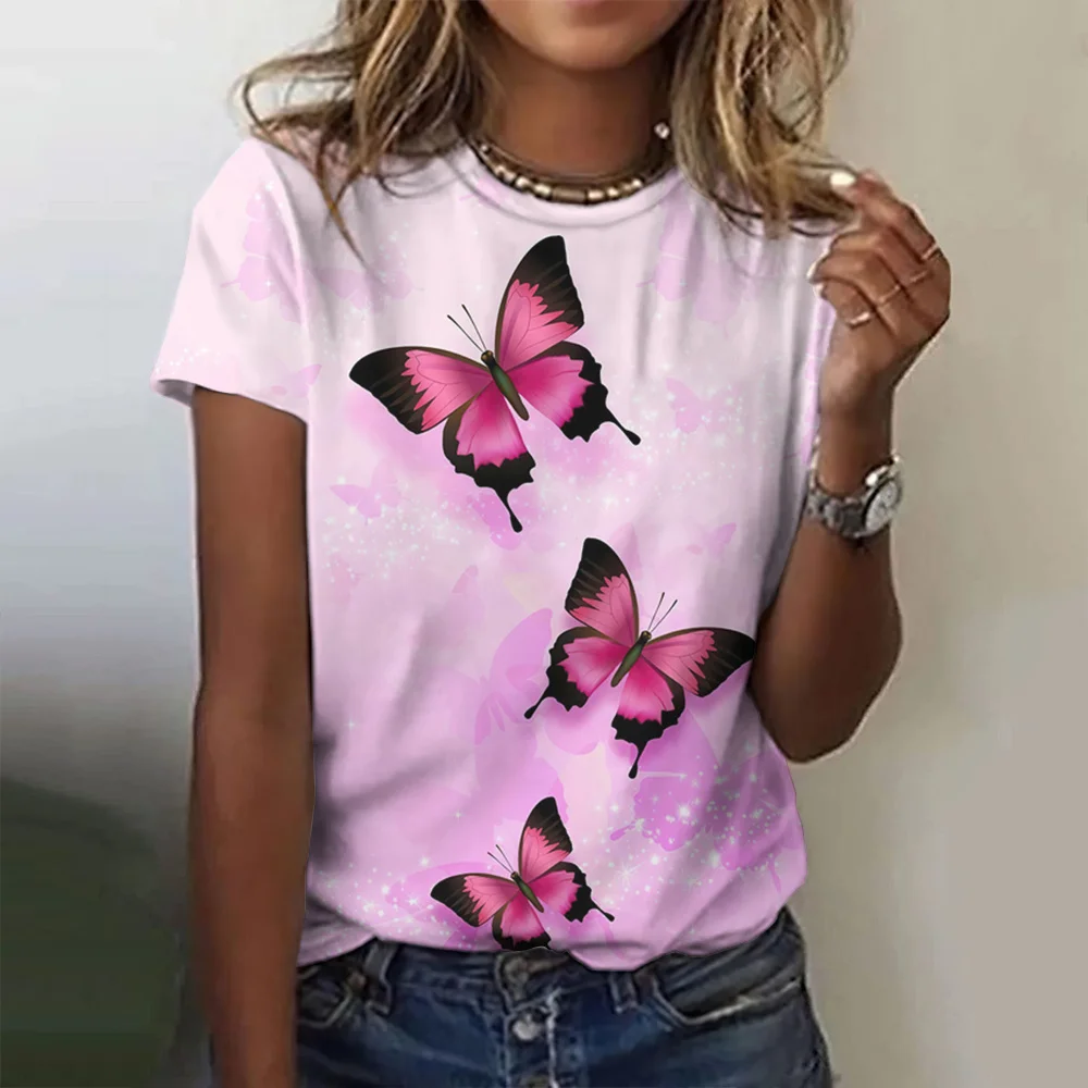 여성용 오 넥 티셔츠 나비 그래픽 프린트 Y2k 하라주쿠 풀오버 빈티지 탑 패션 티셔츠 오버 사이즈 여성 의류 여름