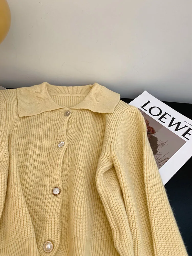 French Elegant Beige Knitted Cardigans Peter Pan Collar Chic Office Lady Pullover Single Breasted Lantern Sleeve Autumn Winter