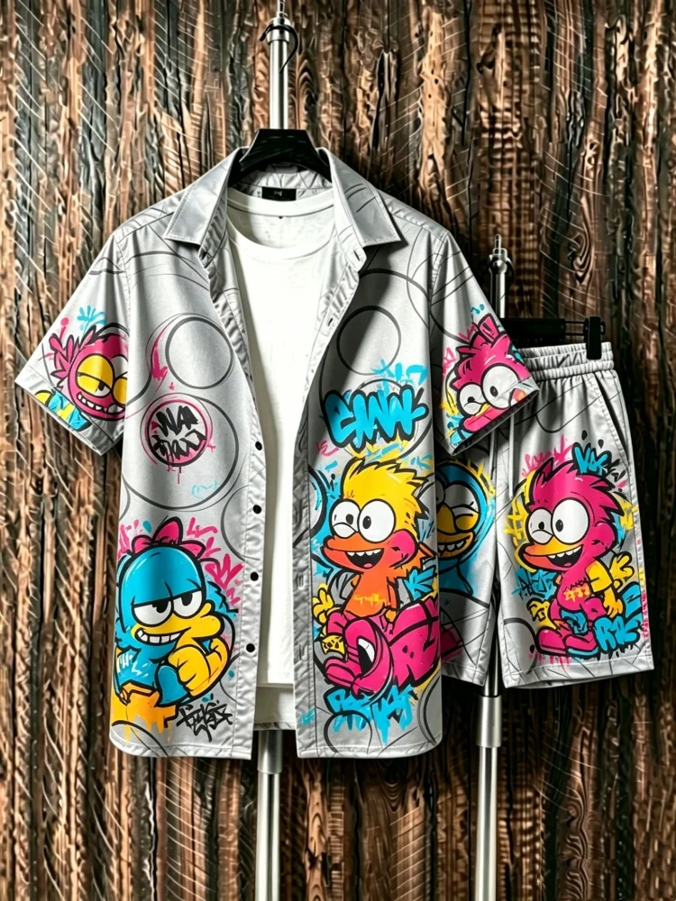 

Men's Loose Comfort 2-Piece Summer Set, Lightweight Cartoon Graffiti Pattern Casual Outfit, Cool & Trendy