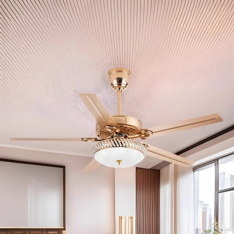 Light Luxury Fan Light Golden European Restaurant Living Room Electric Fan Iron Leaf Variable Frequency Integrated Ceiling Fan