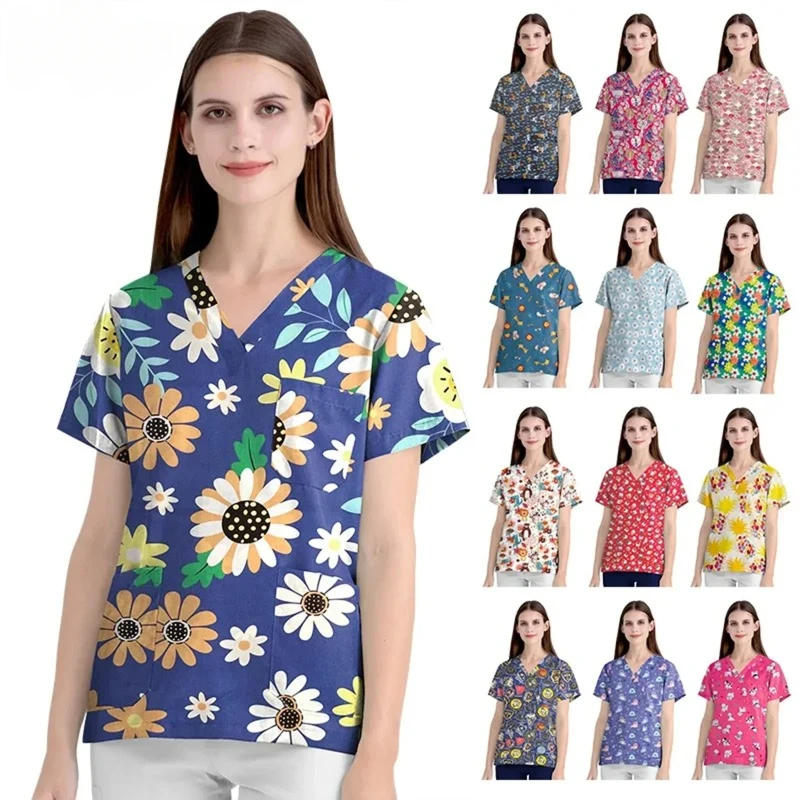 

High Cartoon Print Surgical Uniforms Pharmacy Hospital Nurse Scrubs Tops Breathable Beauty Salon Dentistry Pet Doctor Overalls