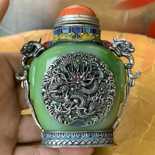 

Green Jade Tibetan Copper Dragon Snuff Bottle China Antique Collection Ornaments