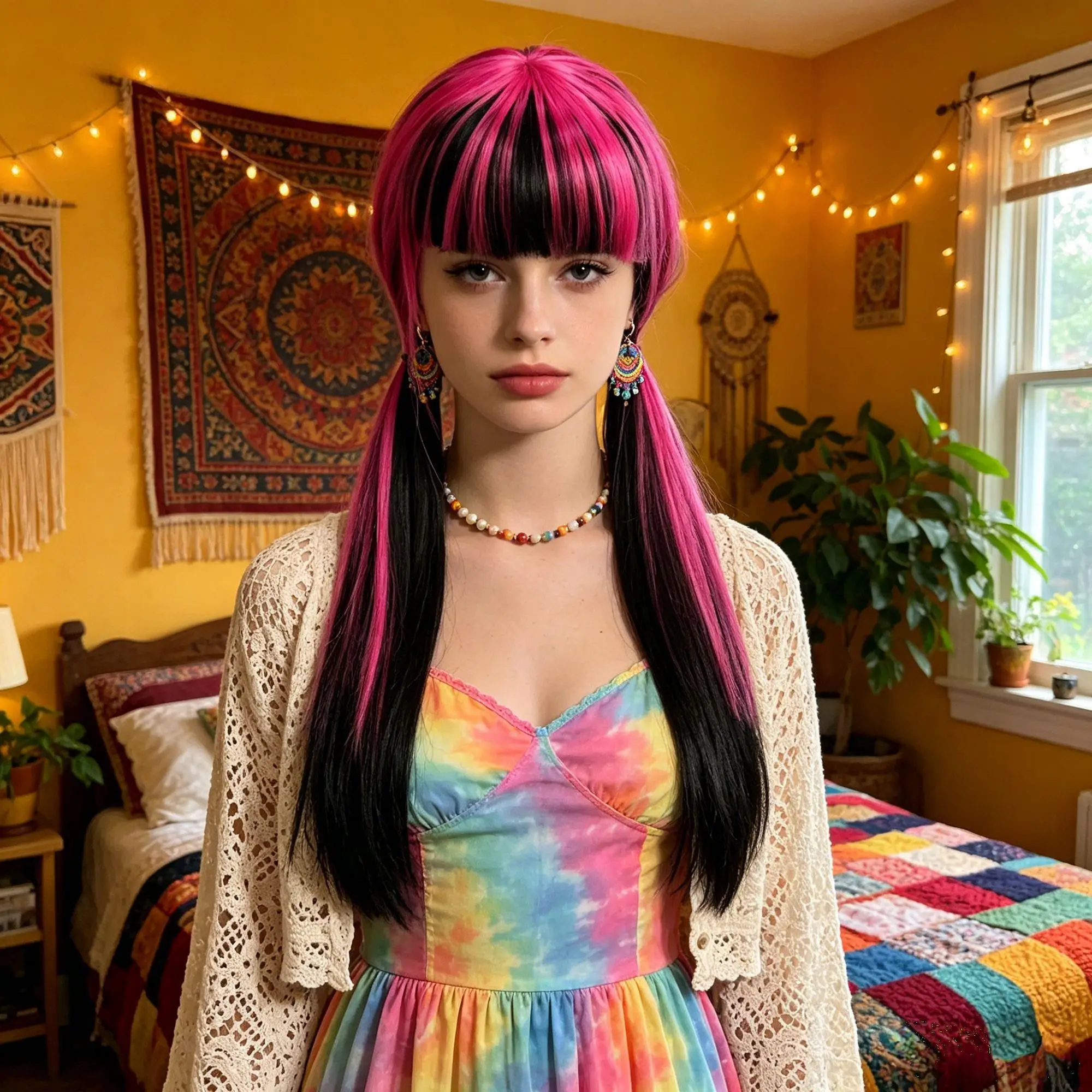 Black Pink Premium Synthetic Fiber Long Straight Wig Split Color Streaks with Bangs Low Twin Tails Pigtails Straight Tail Heat Resistant Adjustable Cap for Women Girls Anime Cosplay Party Halloween Costume Role Play Stage Show Photo Shoot