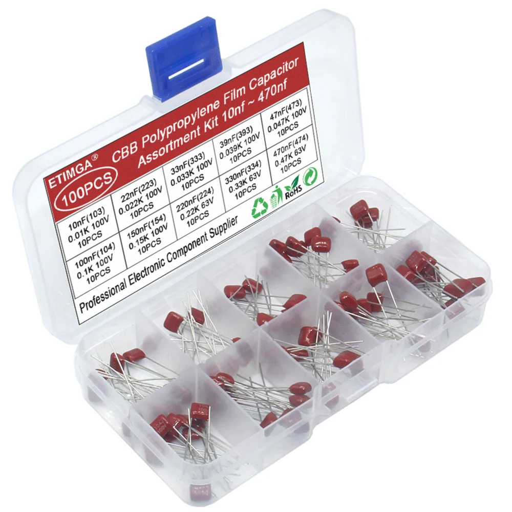 100PCS 10 Values CBB Assortment Kit Capacitor 63V 100VPolypropylene Film Capacitor 10nF 22nF 33nF 47nF 100nF 220nF  330nf 470nf