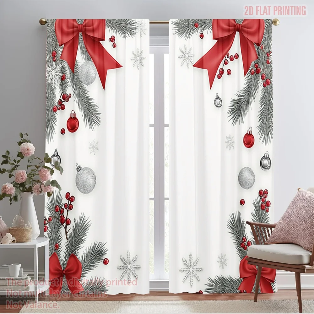 2pcs,2D plane printing Creative Curtains Christmas Bow Ornament Garland Snowflake (2) Polyester Fabric (without rod) Gifts