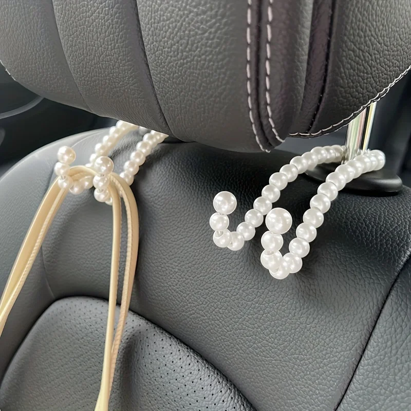 2pcs Car Rear Seat Hook White Pearl Hanger Hook Half Open Design Auto Hook Stainless Steel Seat Headrest Hooks Car Accessorie