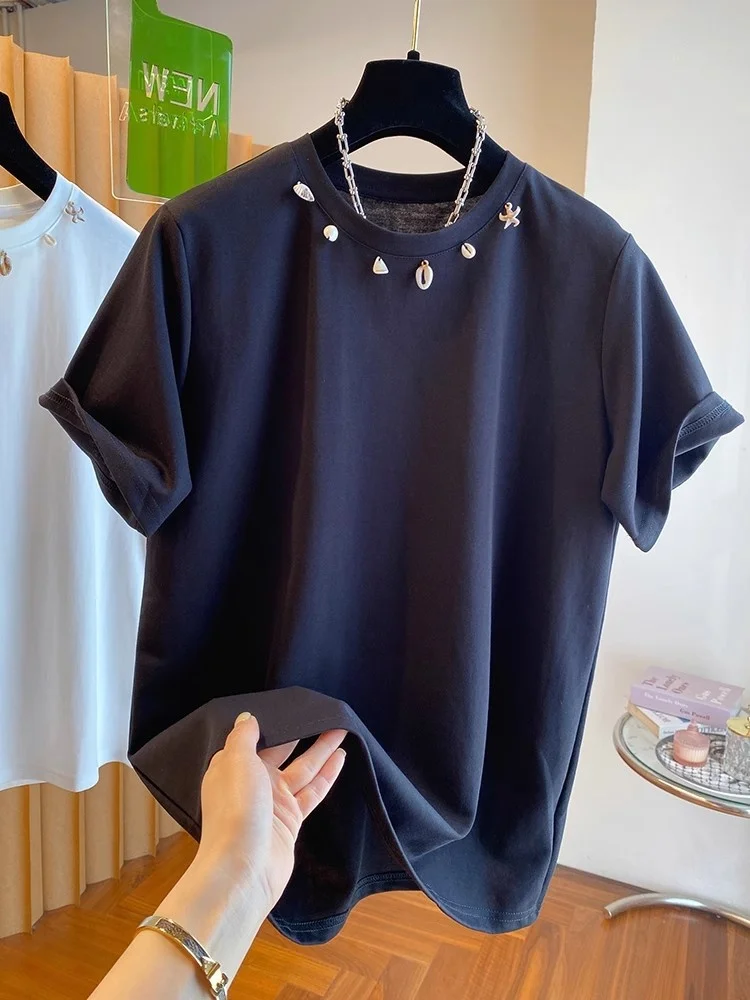 

Loose Fit Pure Cotton round Ne ort Sve T-irt Women's Summer New Sle Base irt Top Casual Versatile plus Size