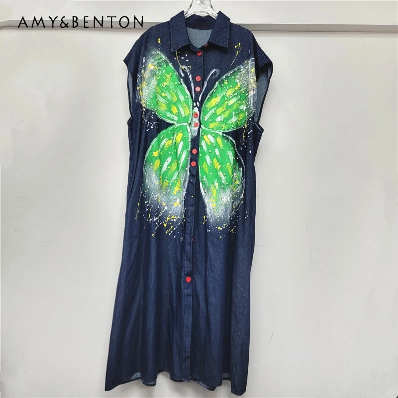 

Autumn Ladies Denim Dresses Unique Design Loose Fit Butterfly Print Rhinestone Vestidos Fashion Slimming single-breasted Dress
