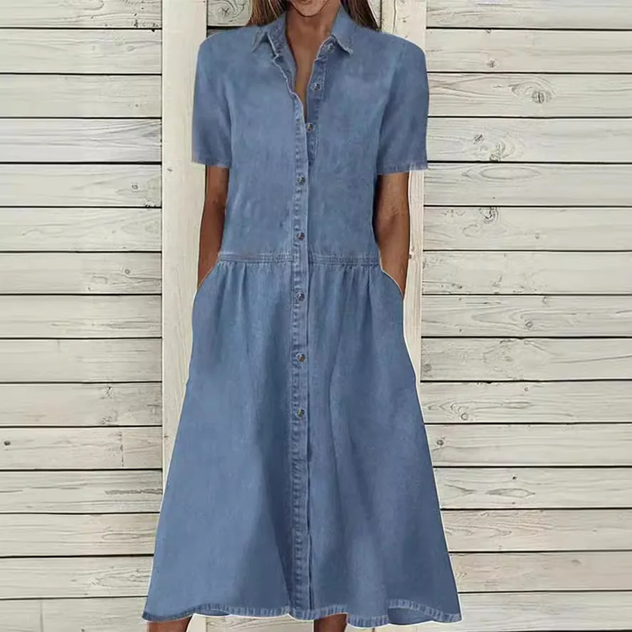 

2025 New European and American Lapel Casual Denim Dress Summer Boho Maxi Dresses for Women Casual Vacation Basic Elegant Dress