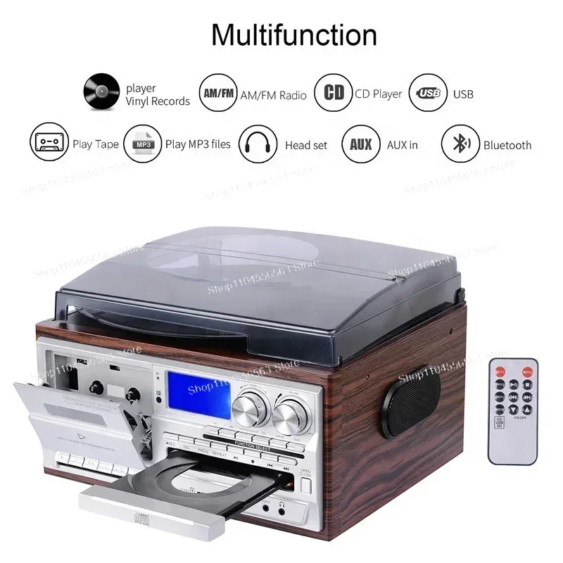 

All In One Turntable Player Gramophone Vinyl Record Player With External Speakers AM FM Radio Bluetooth Cassette Play