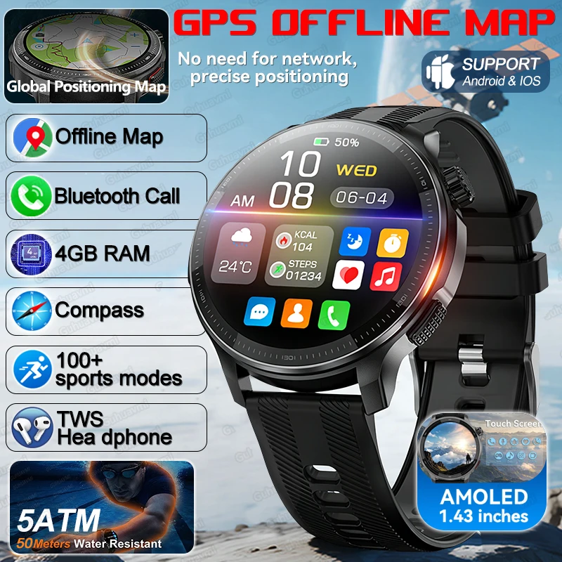 

Смарт-часы с GPS, глобальной картой, 4 ГБ памяти, офлайн-загрузкой, GorillaGlass, компасом для активного отдыха, водонепроницаемость 5ATM