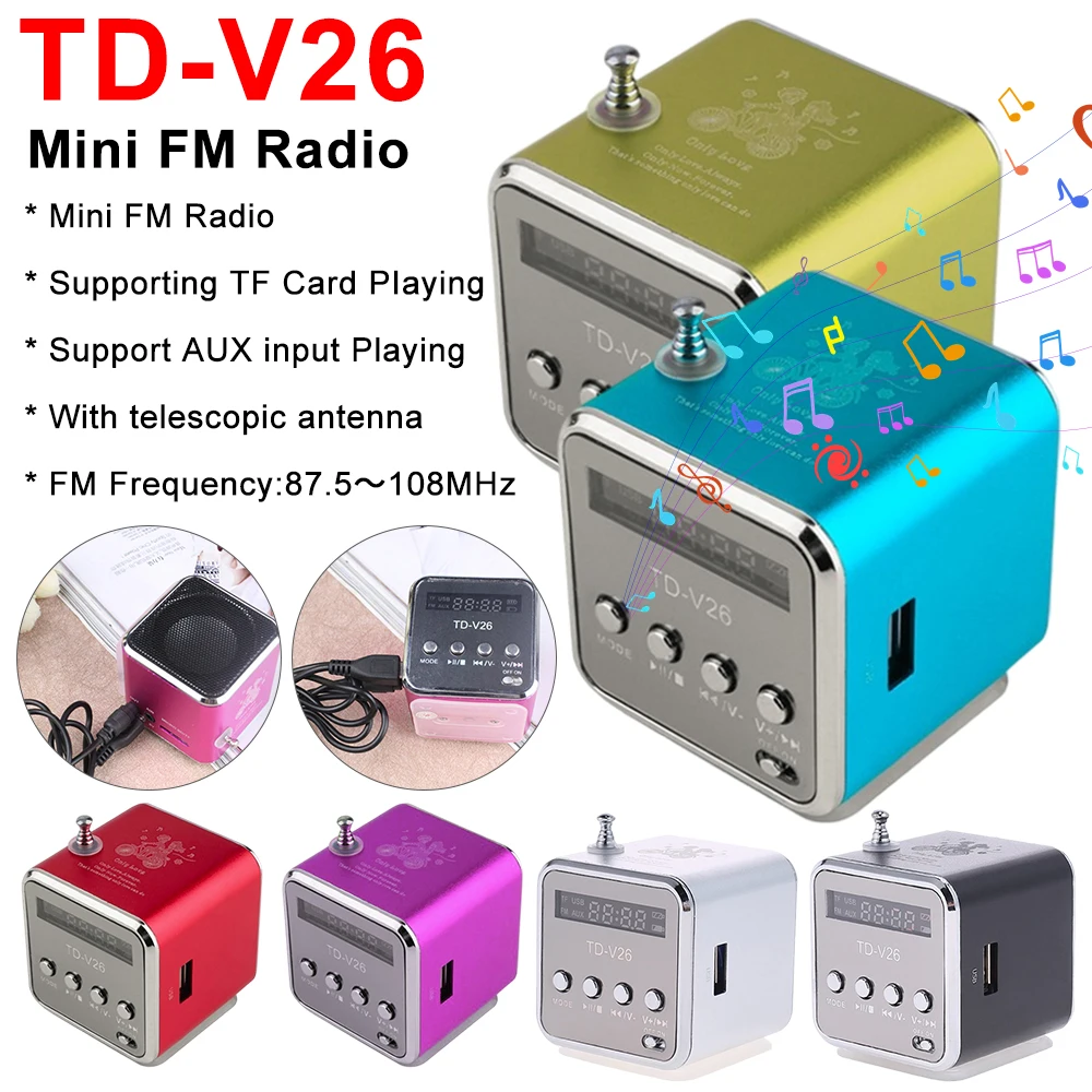 TD-V26 Digital Radio FM Portable Mini Fm Radio Receiver Rechargeable LED Loudspeaker Wireless Speaker MP3 Support SD/TF Card