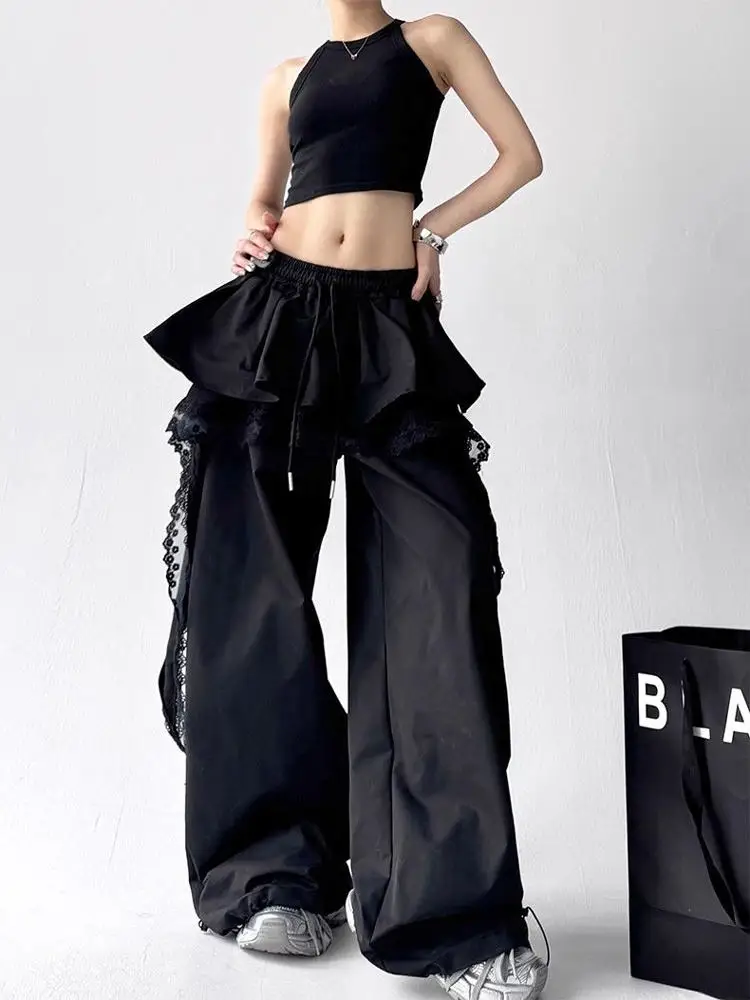 Retro High Waist Straight Leg Casual Pants Women's Summer American Vintage Loose Slimming Wide Leg Pants Design Sense Splicin...