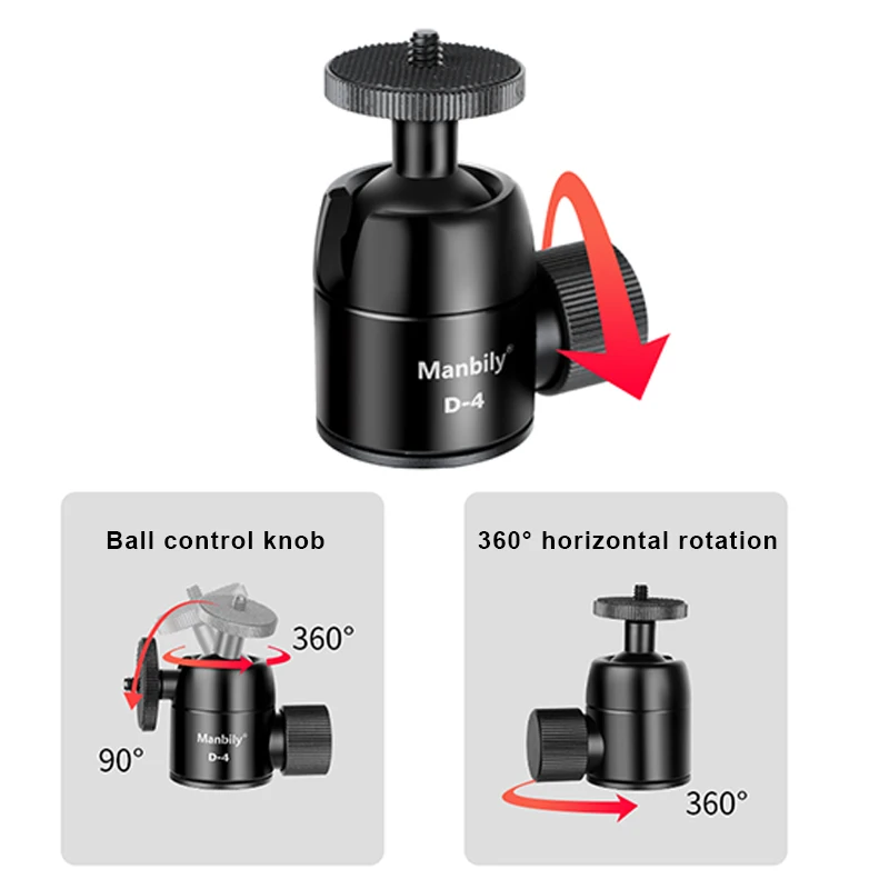 Manbily 28mm Cabeça esférica para câmera de alumínio 360 graus Max. 5kg/11 libras com ranhura em U com adaptador de parafuso de tripé para bastão de selfie