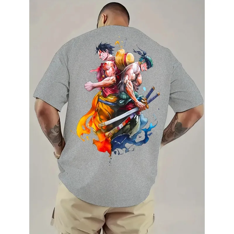 EEN STUK 2025 Zomer heren T-shirt Straat Animatie Terug Print Vlam Aquarel Ontwerp Casual Losse Versie Grafische T-shirt