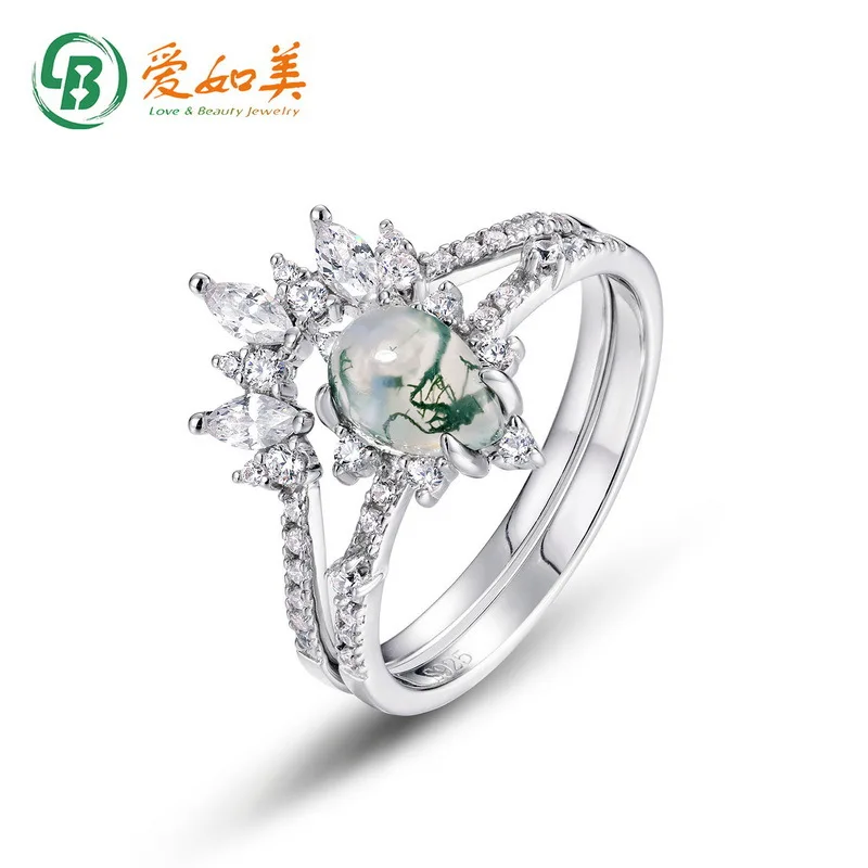 

New 18K Gold PT950 Platinum Silver Plated 7-layer Gold Water Grass Agate Ring Pear Shaped Green Moss Layered Finger Ring
