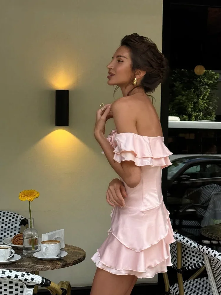 Irregular rosa mancha sem alças mini vestido feminino chique 3d flor em camadas babados a linha vestidos 2025 senhora férias festa robes