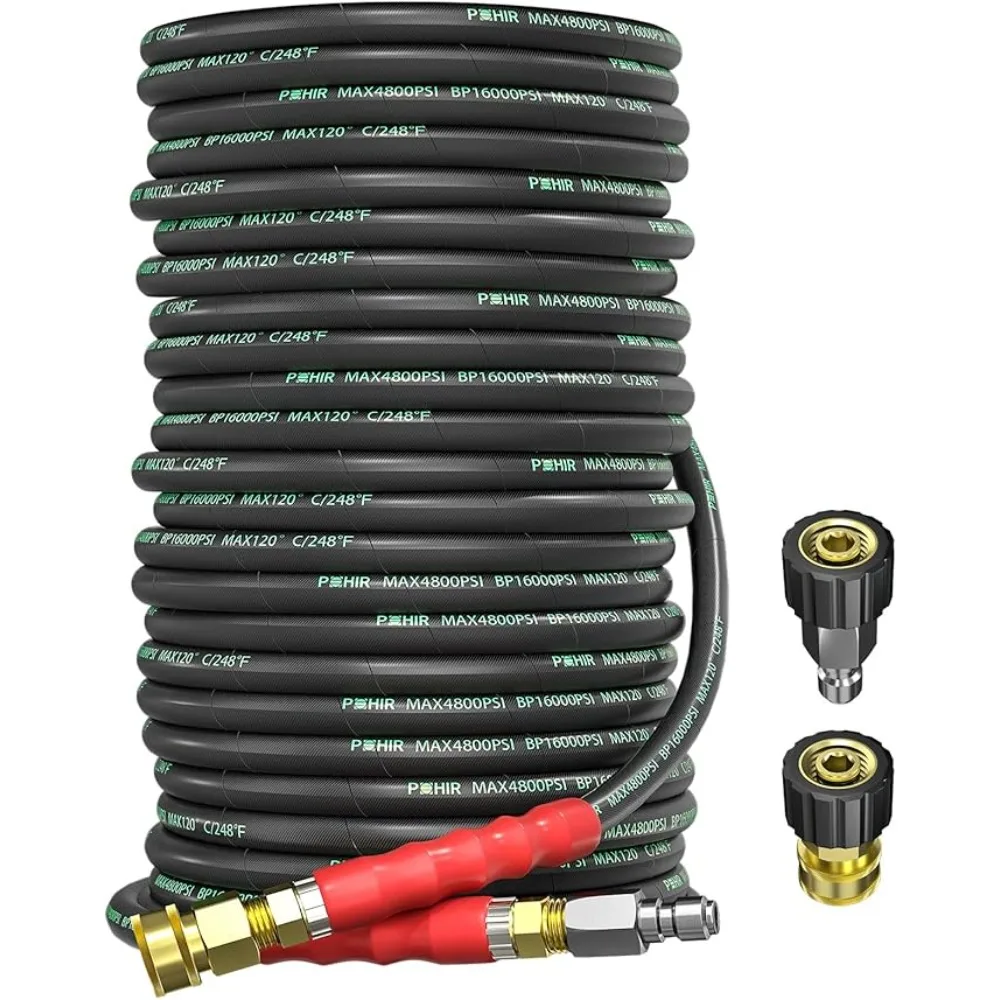 Pressure Washer Hose 100 ft Cold Hot Water 248°F End Quick Connect 4800psi Kink Resistant Industrial Grade Steel Wire Braided