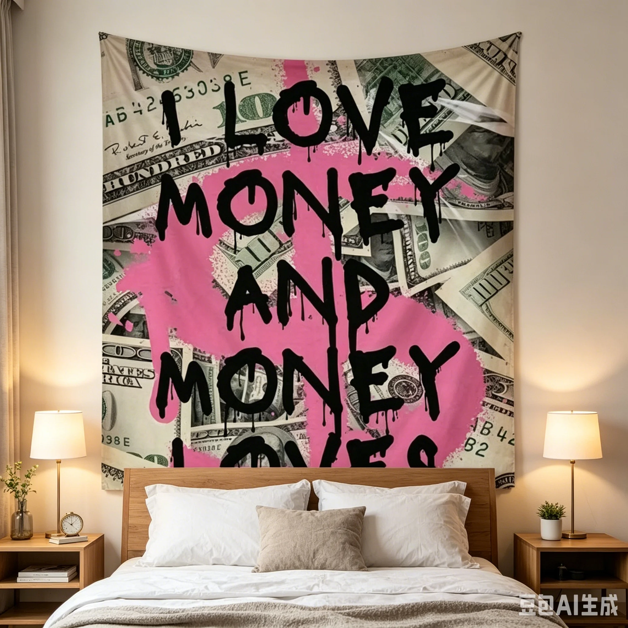 1 Stück Wandteppich „I Love Money Dollar Bill“, Graffiti-Zitat Wandbehang, coole Zimmerdekoration, große Größe, Polyester 2D-Druck, Schlafzimmerdeko