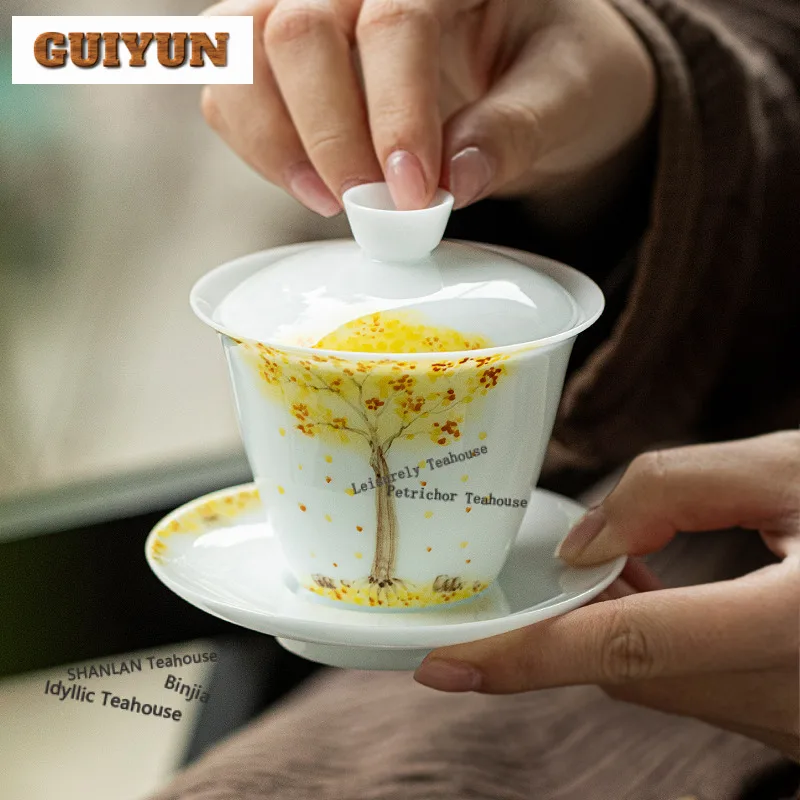 

150ml Hand-painted Golden Apricot Gaiwan Aesthetic Tea Tureen Tea Bowl With Lid Kit Tea Brewing Cover Bowl Tea Items Collection