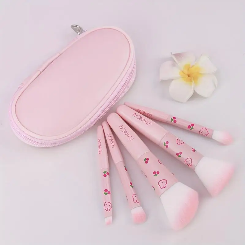 【5Pcs Cute Compact Makeup Brush Set With Case Premium Brush For Flawless Foundation, Blush, Eyeshadow Application Beauty Tools】