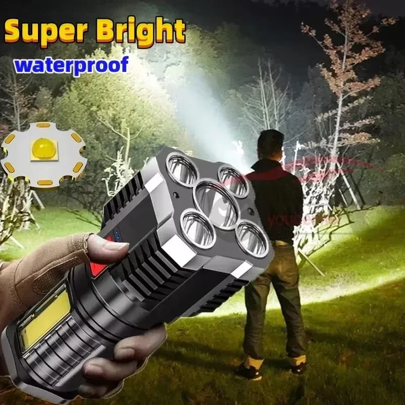 5 LED High Power Led Flashlights Rechargeable Camping Spotlight with Side Light 3 Lighting Modes for Camping Adventure Outdoor