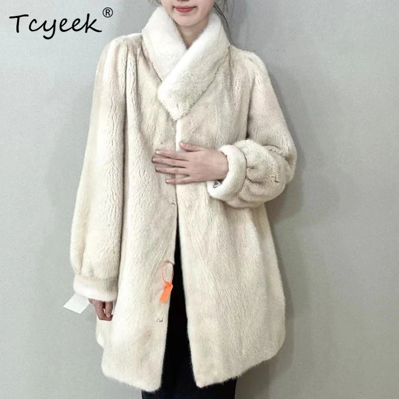 Tcyeek High-end Natural Mink Fur Coat Women Winter Clothes Mid-long Real Fur Coats Wioman Cold-proof New in Coats Fourrure Femme