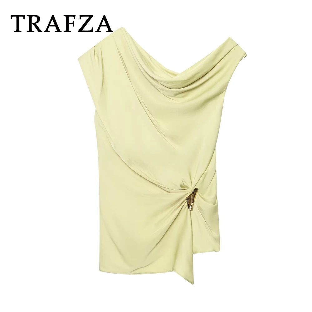 

TRAFZA Chic Asymmetric PLeated Sheath Woman Tops Sexy Yellow Fashion 2025 Summer Mujer Elegant Y2k Mujer Sequined Party Vests