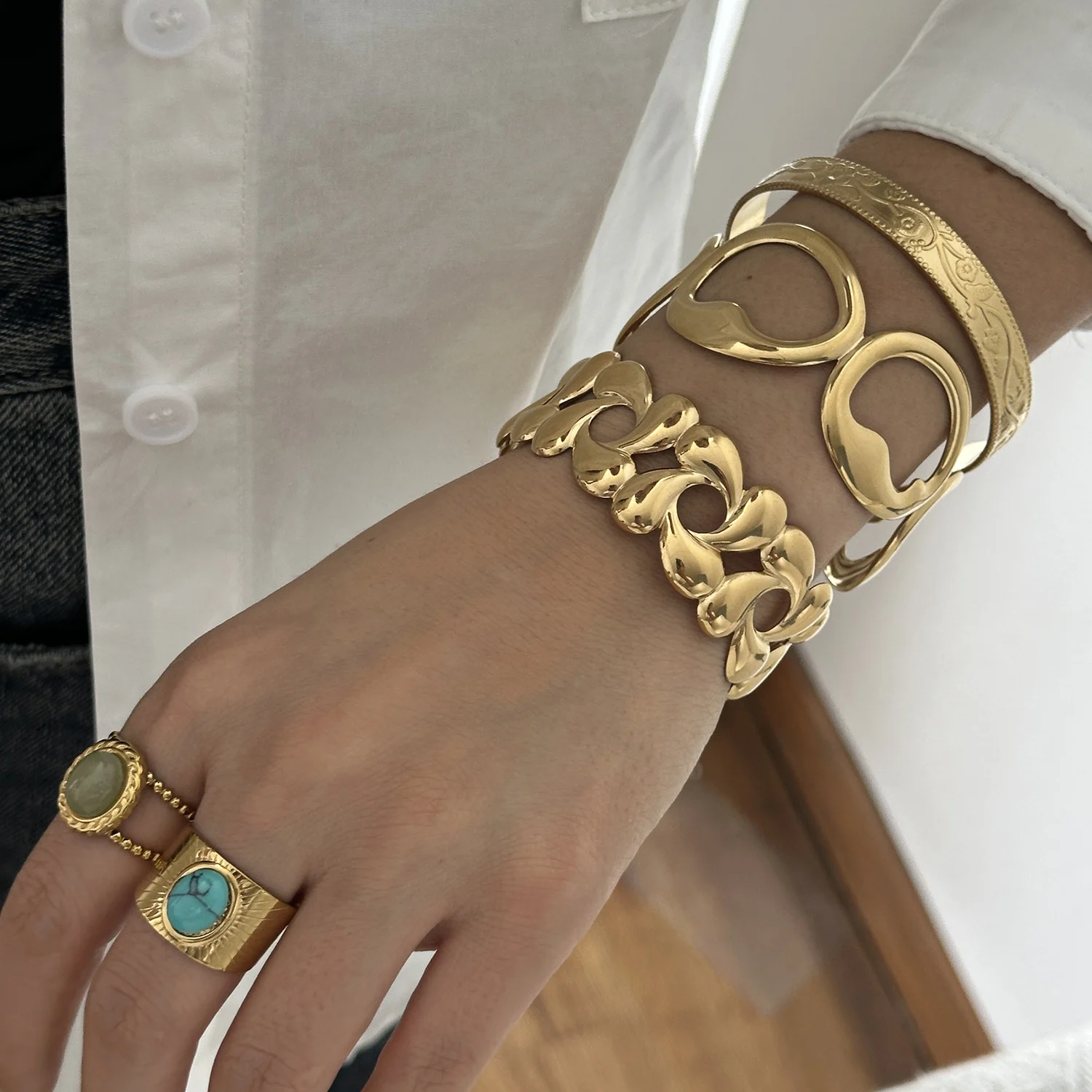 Vintage Edelstahl Blumen-Manschettenarmbänder für Damen und Herren Unregelmäßige Geometrische Wassertropfen Metall Offener Armreif Party-Schmuck – Detail 3