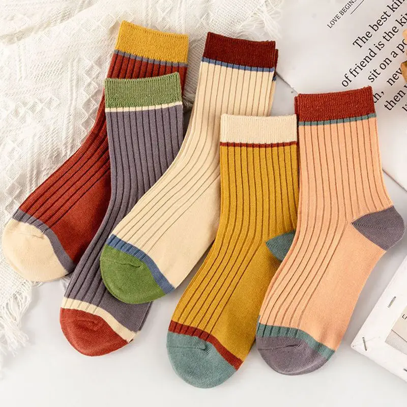 1/3/5Pairs Thickened Striped Women Socks Harajuku Retro Solid Color Mid-tube Socks Autumn Winter Breathable Sweat-absorbent Sock