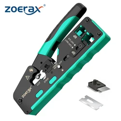 ZoeRax Ethernet Cable Crimper, RJ45 Crimping Tool, Pass Through, Grau Profissional, Cat7, Cat6A, Cat6, Cat5E, Cat5, Plugs Modulares