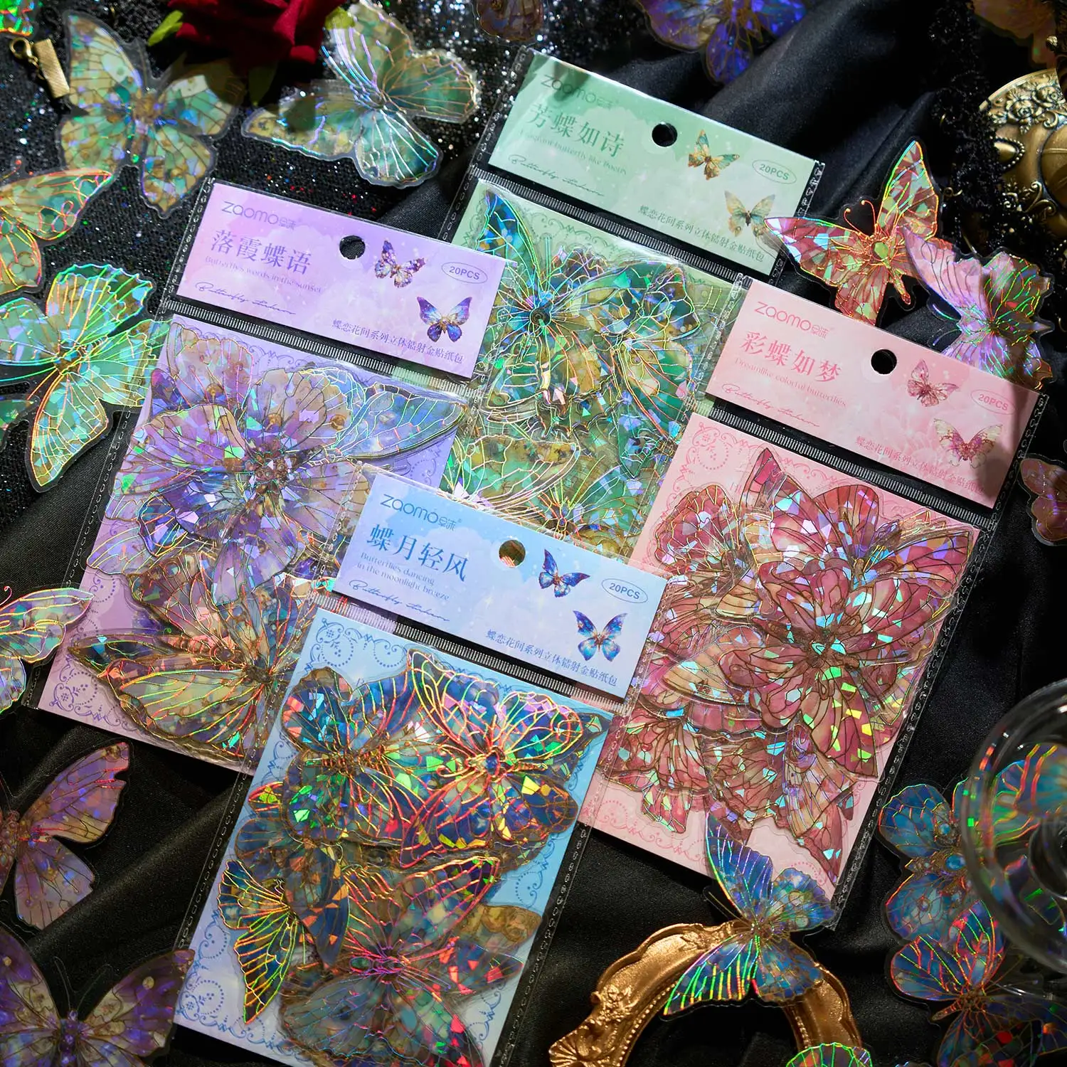 

80 Pieces of Pet Butterfly Waterproof Stickers, Butterfly Love Flower Series, Shell Light Handbook DIY Material Decorative Stickers