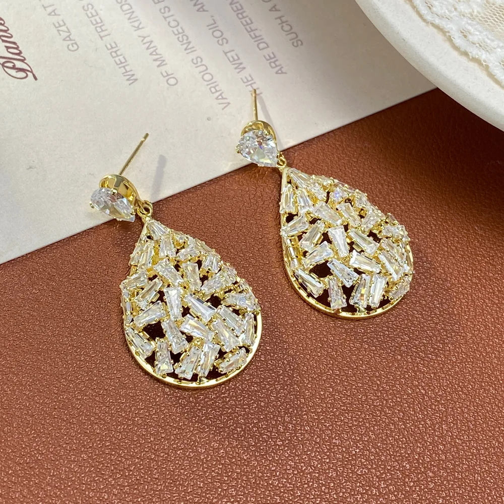 Personality exaggerated full zirconium drop-shaped earrings exquisite fashion super flash thin earrings
