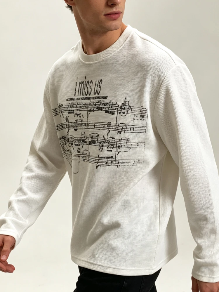 Vintage Sheet Music Graphic Men Cropped Long Sleeve Top I Miss Us Letter Print Waffle Knit T‑Shirt Y2K Streetwear Pullover