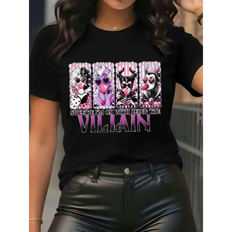 تي شيرت نسائي بشخصية الشرير: Maleficent Cruella Ursula Jafar and Maleficent وردي مميز بمظهر نسائي برقبة دائرية وأكمام قصيرة #1