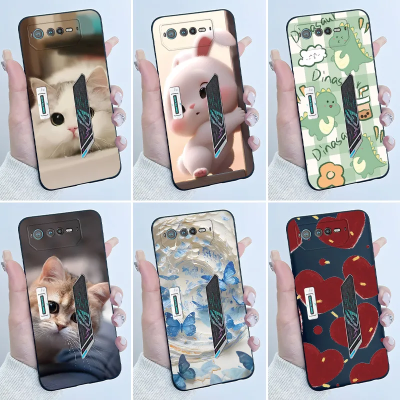 Para asus rog telefone 7/rog telefone 6 pro caso bonito dos desenhos animados impressão escudo capa protetora capa de silicone macio preto telefone invólucro