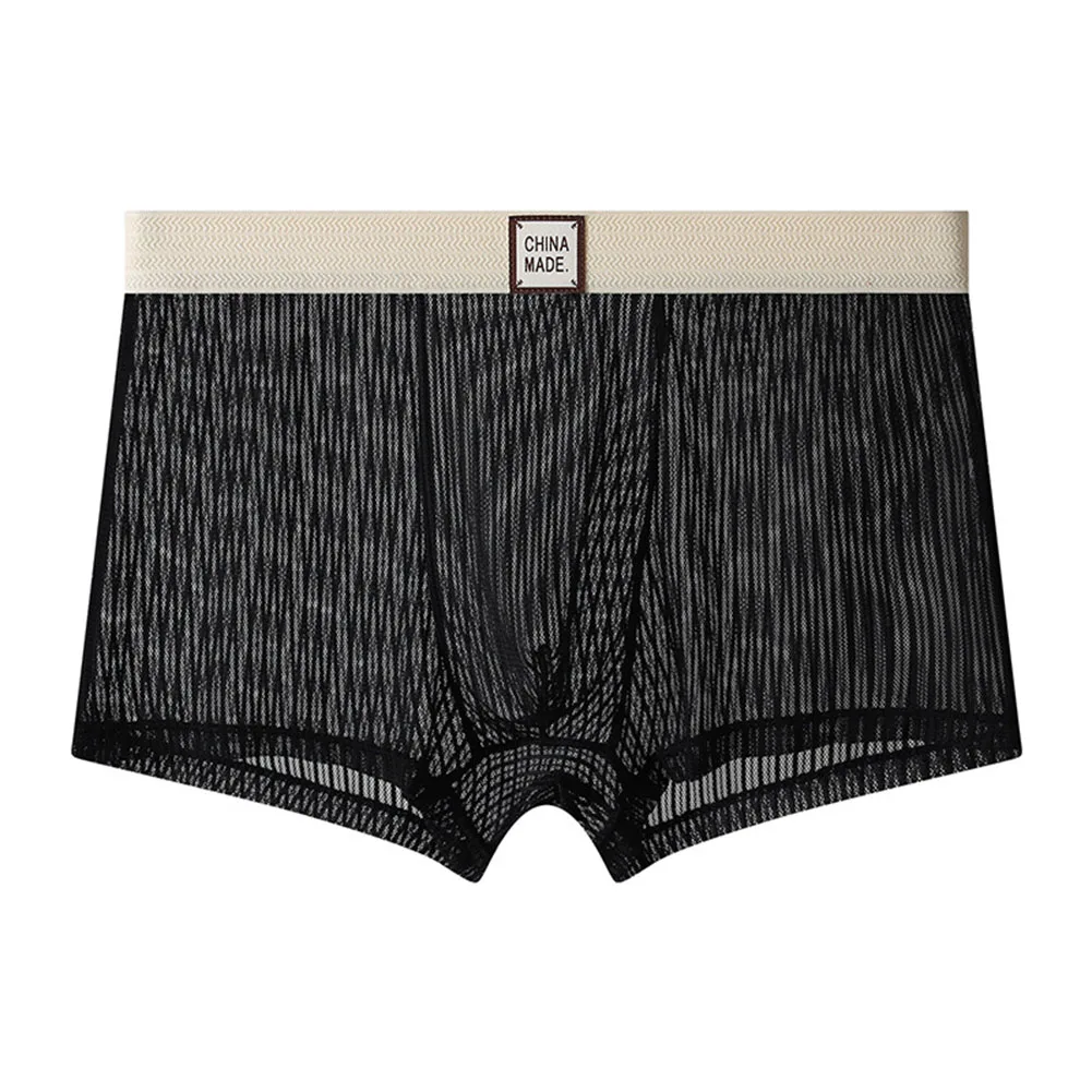 1pc Men Mesh See Through Boxer Shorts Solid Color Striped Underwear Ultra-thin Cool Breathable Trunks Sexy Mesh Sheer Panties
